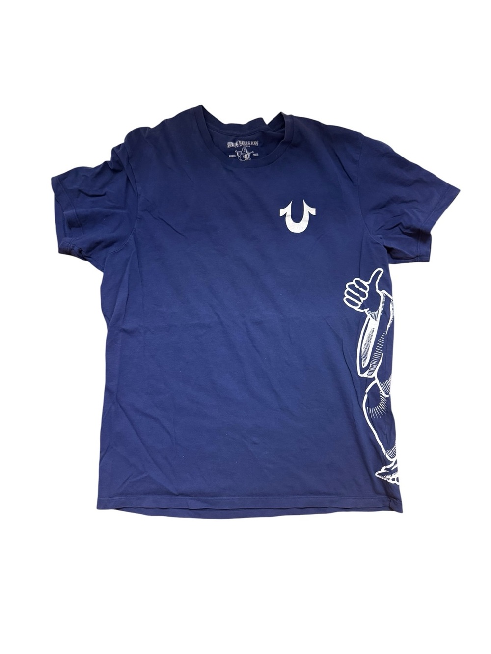 True Religion Navy Short-Sleeve Graphic Tee with White Logo Buddha guitar medium